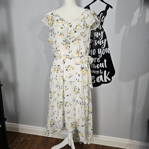 DKNY Ruffle Flutter Sleeve Floral Belted Hi-Lo Midi Dress New - Picture 3 of 14
